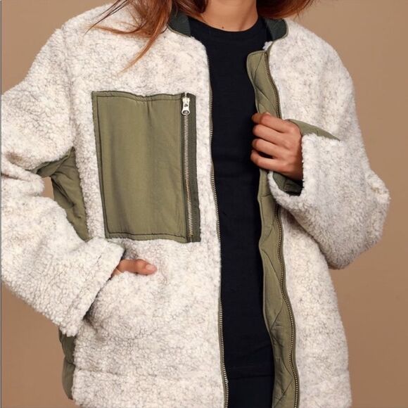 Free People Rivington Sherpa Jacket In Olive Green & Ivory - Picture 2 of 6